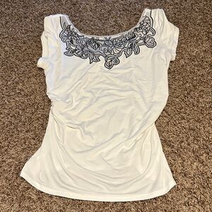 White House Black Market White Top with Black Floral Design